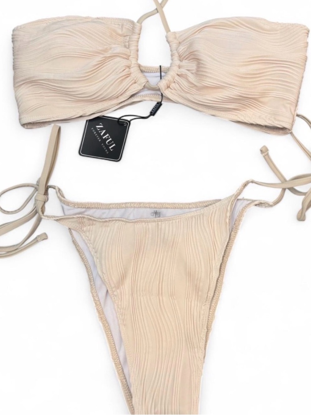 Zaful Cream Textured Bandeau Tie-Side Bikini Set